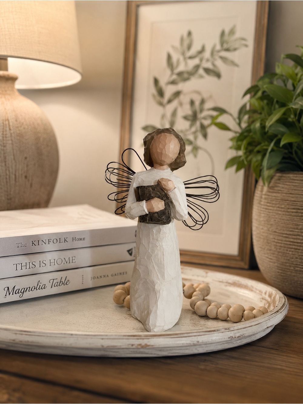 Willow Tree White Angel Figurine with Brown Hair and Black Wire Wings